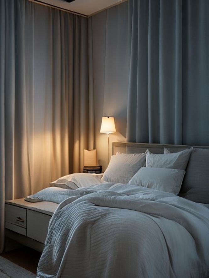 Calm bedroom environment with soft lighting and prepared sleeping space